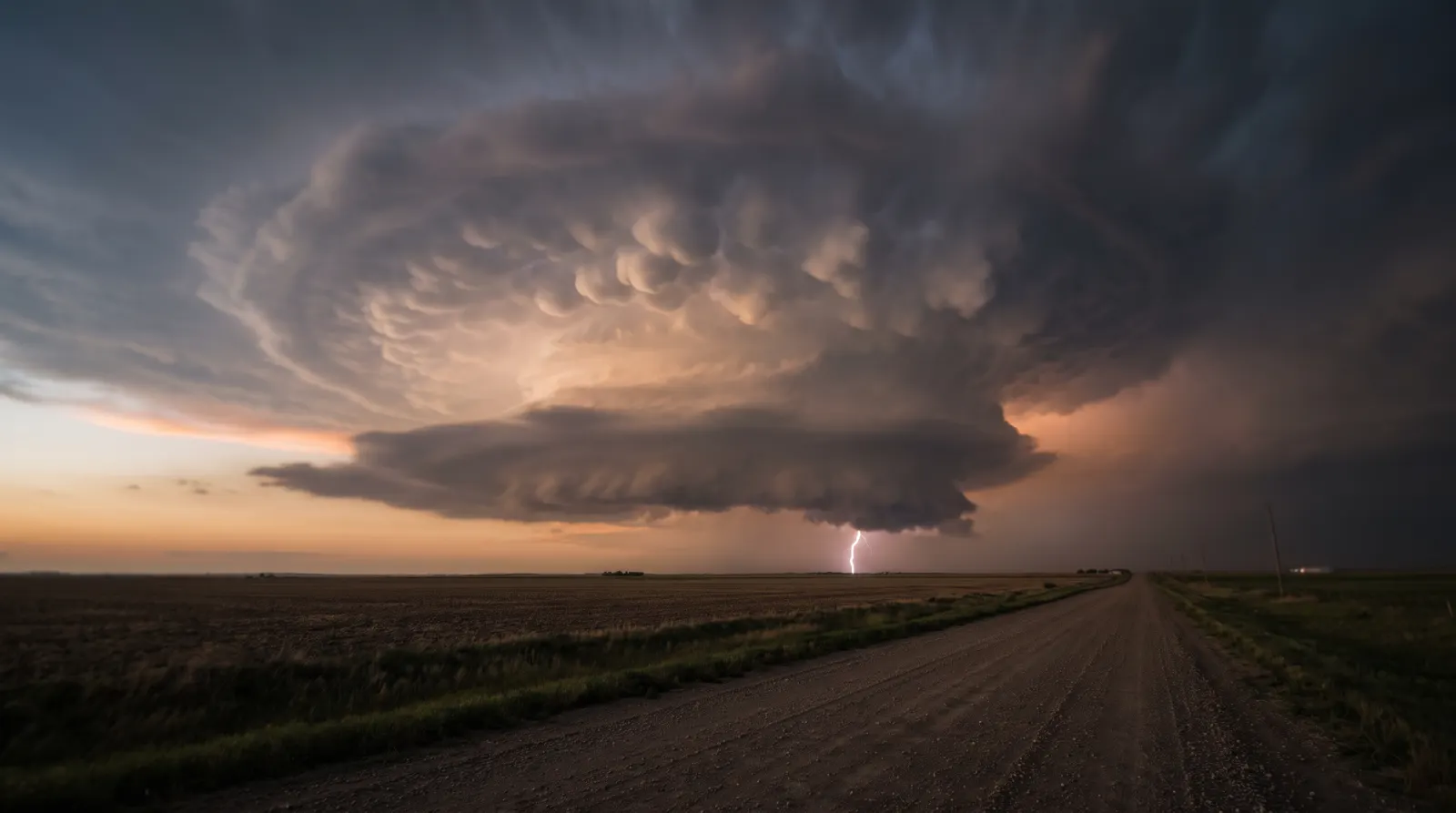 Supercell thunderstorm with a lightning strike over the plains